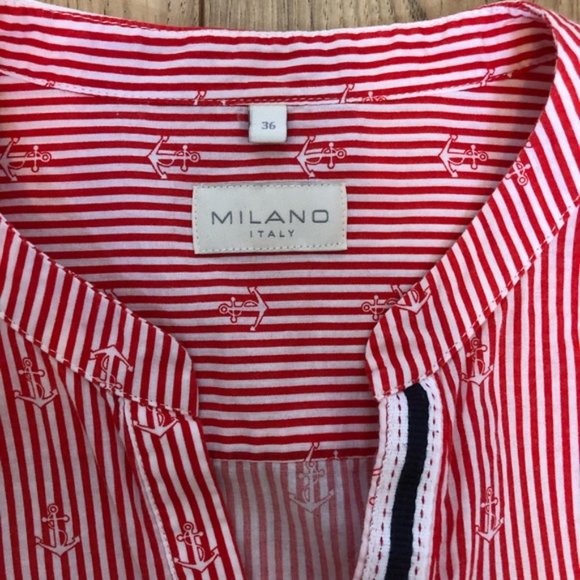 Womens Milano Stripped Red Anchor Nautical V neck button up blouse size 36 - Picture 13 of 14